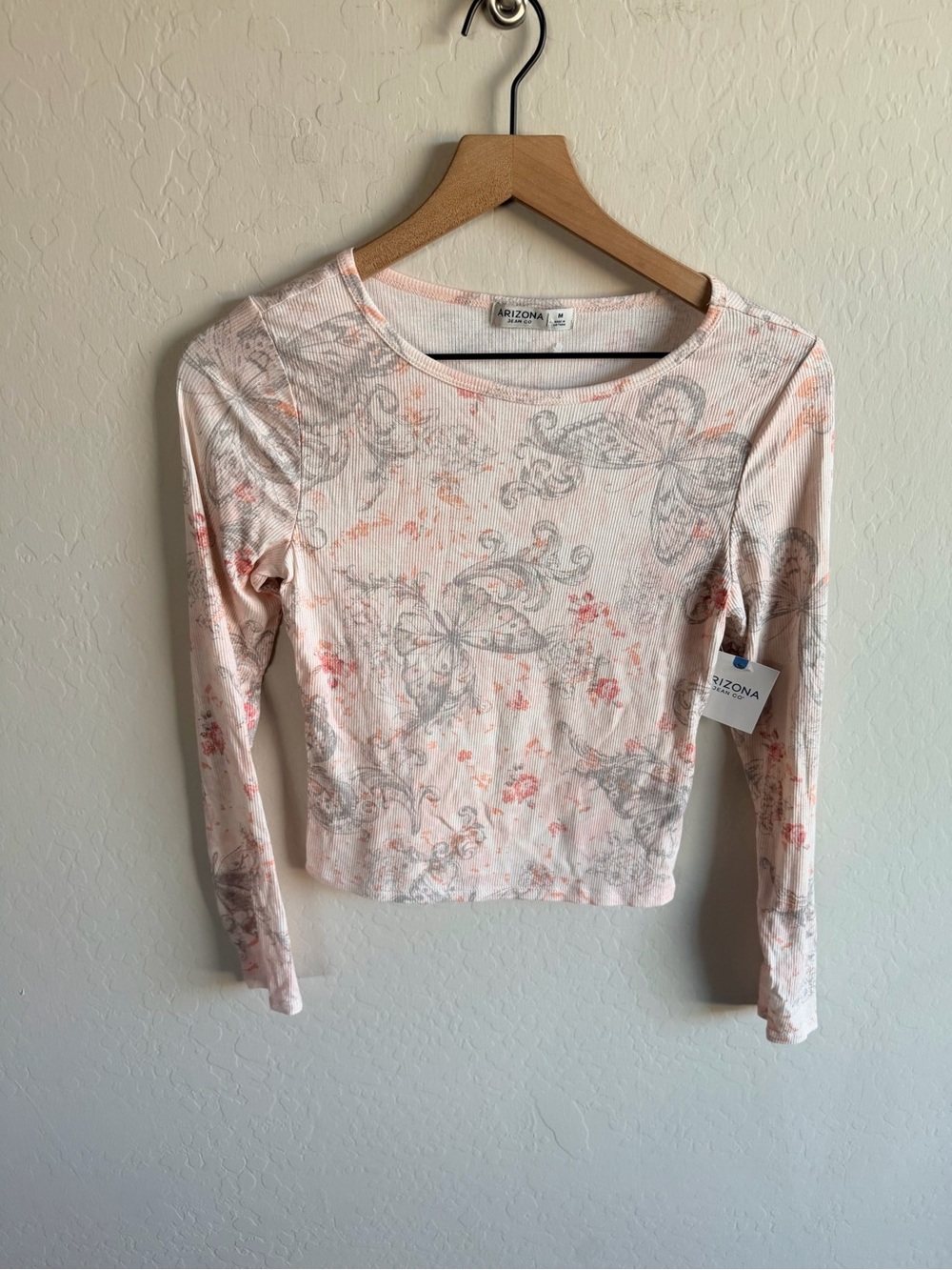 Arizona Jean Company Light Pink Floral Long Sleeve Tee M Boho Celestial Y2K 90s